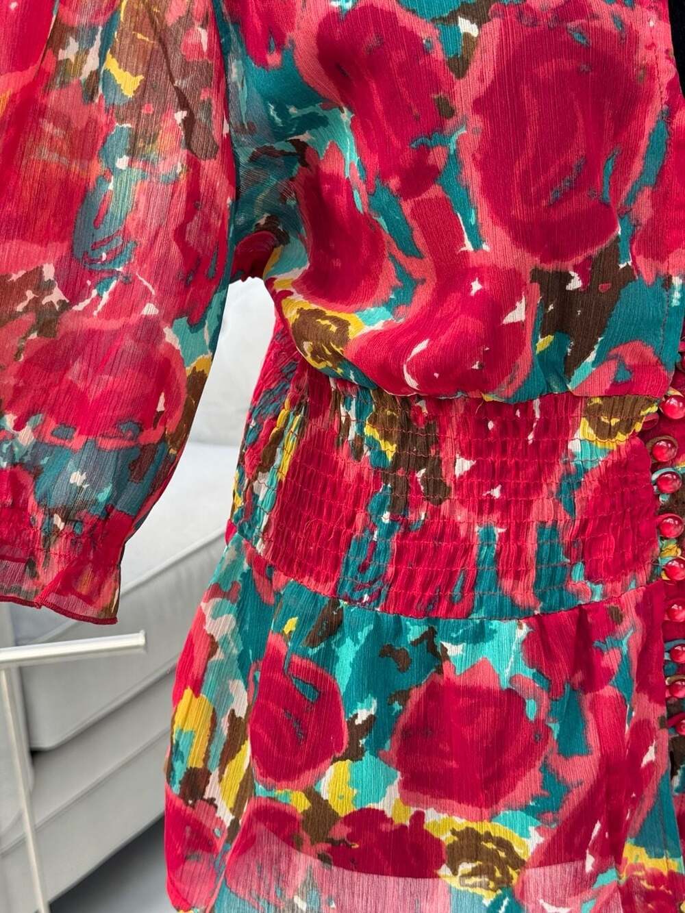 Sexy metrostyle Floral Print Mock Neck Smocked Waist Blouse Size 14 - Picture 4 of 8